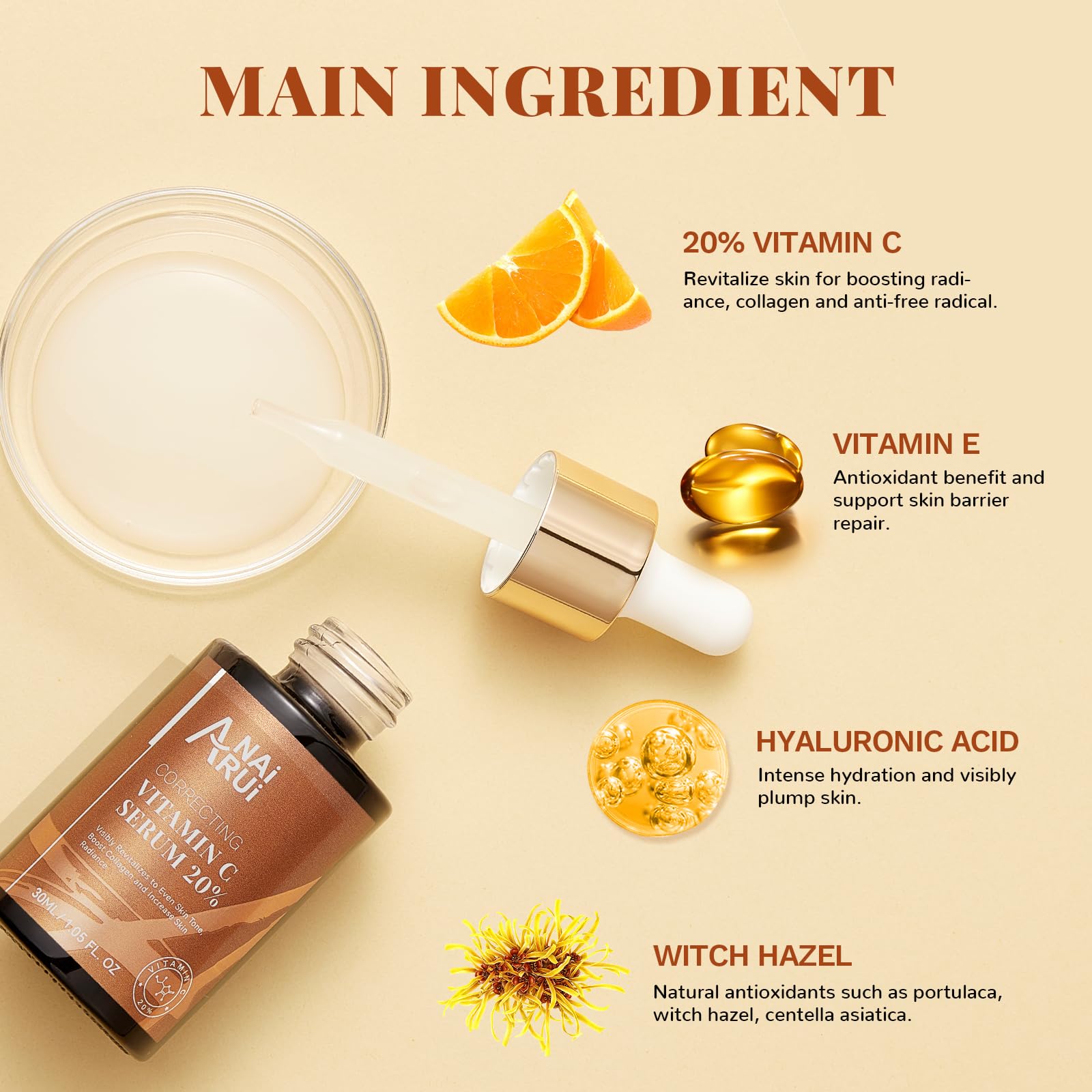 ANAI RUI Vitamin C Serum 20% with Hyaluronic Acid – Brighten, Hydrate, and Even Tone