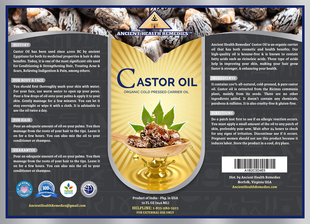 ANCIENT HEALTH REMEDIES Organic Castor Carrier Oil – Unrefined Cold-Pressed 32oz