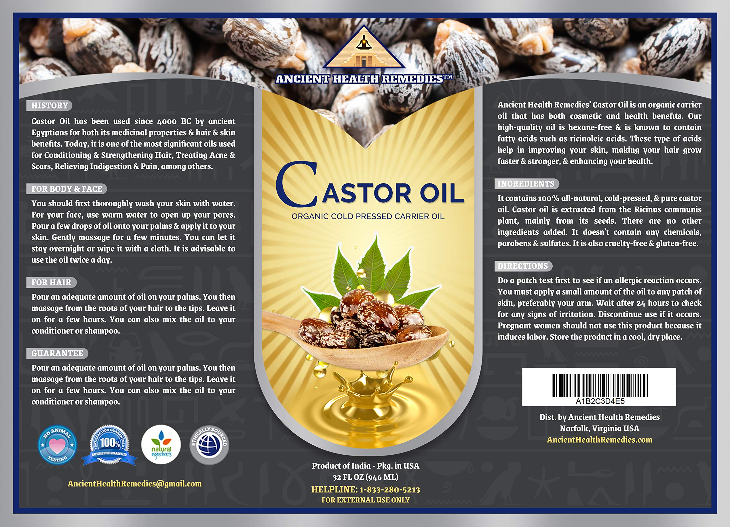 ANCIENT HEALTH REMEDIES Organic Castor Carrier Oil – Unrefined Cold-Pressed 32oz