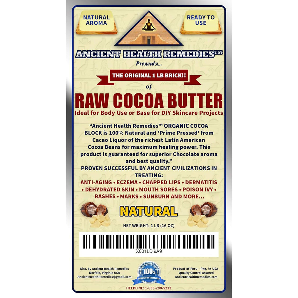 ANCIENT HEALTH REMEDIES Organic Cocoa Butter Block 16oz – Raw Unrefined Cocoa for DIY Lip Balms & Body Butters