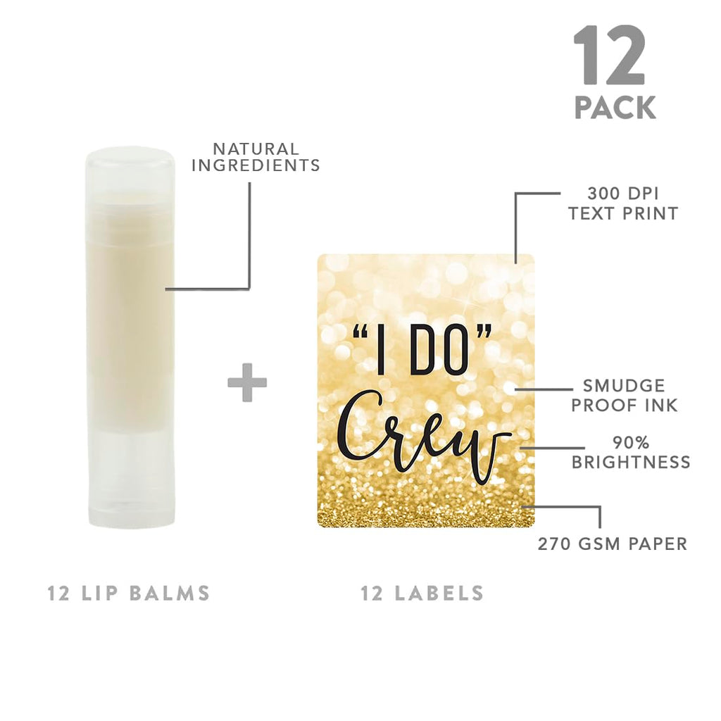 Andaz Press Bridal Shower Lip Balm Favors — Faux Gold Glitter, 'I Do' Crew, 12-Pack
