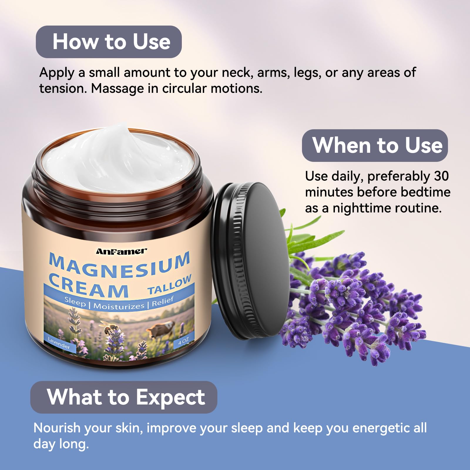 AnFamer Magnesium Cream for Sleep — Lavender Nighttime Hydration & Muscle Soothing