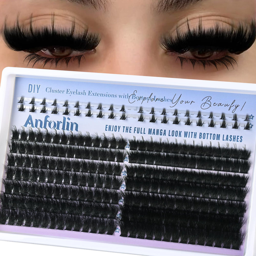 ANFORLIN Thick Lash Clusters with Spikes 150D+200D – Evil Look Manga Lashes + Bottom Lashes (12–20mm)
