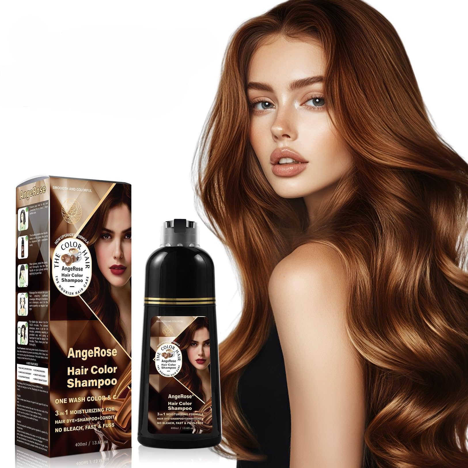 AngeRose Chestnut Brown Hair Dye Shampoo 3-in-1 — Natural Gray Coverage, 400 ml