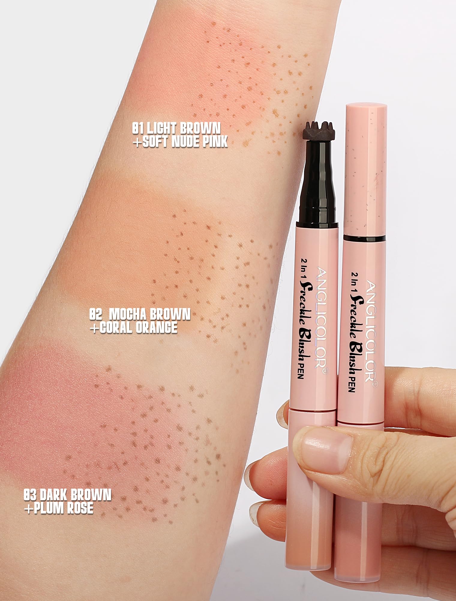 Anglicolor 2 in 1 Freckle Pen with Blush – Quick-Drying, Waterproof Freckles & Silky Liquid Blush (01 Light Brown + Soft Nude Pink)