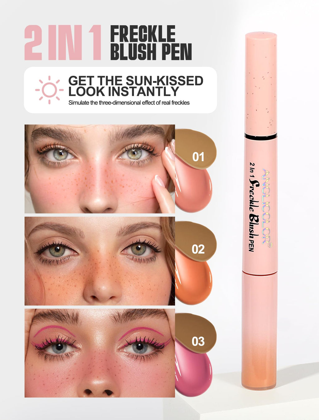Anglicolor 2 in 1 Freckle Pen with Blush – Quick-Drying, Waterproof Freckles & Silky Liquid Blush (01 Light Brown + Soft Nude Pink)