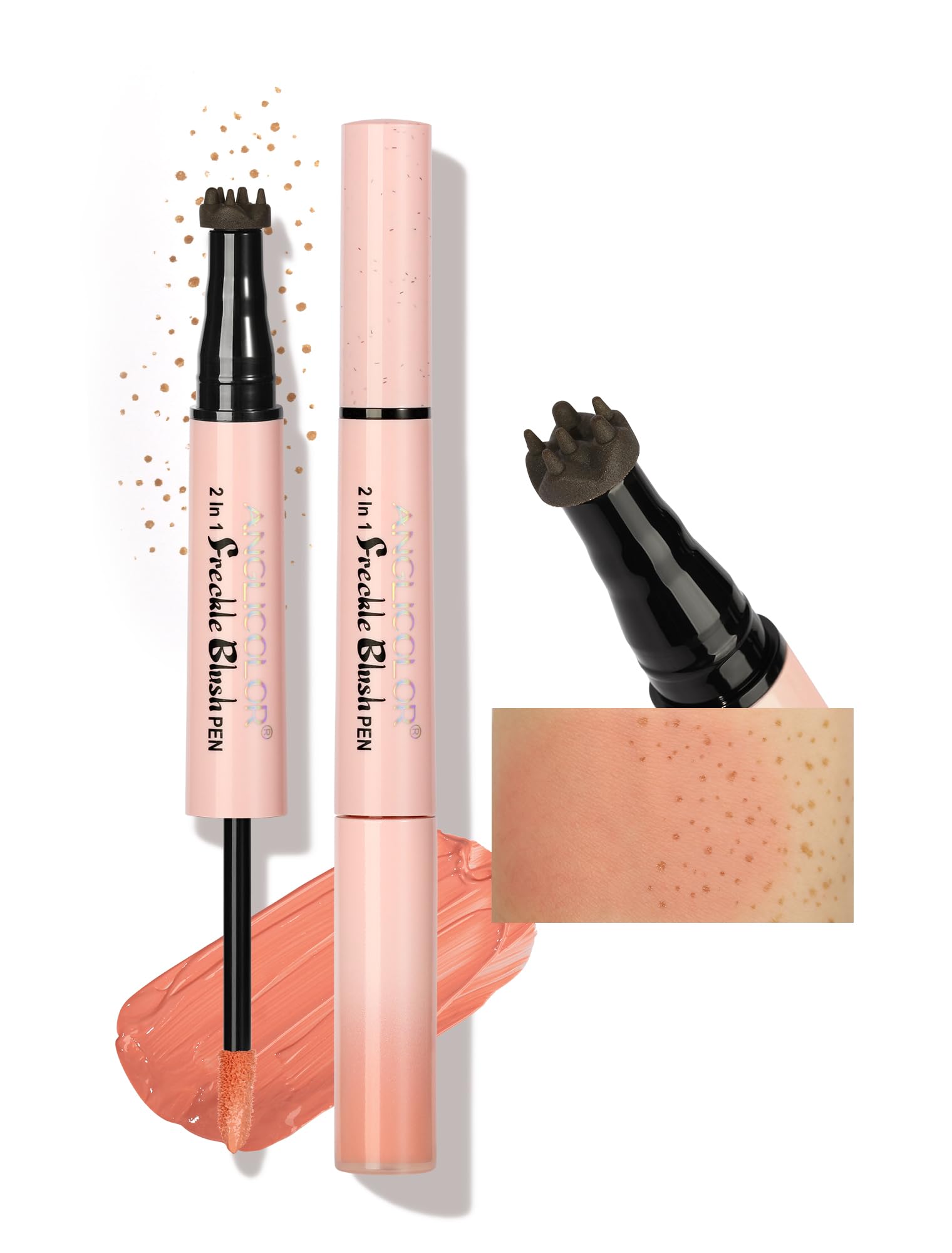Anglicolor 2 in 1 Freckle Pen with Blush – Quick-Drying, Waterproof Freckles & Silky Liquid Blush (01 Light Brown + Soft Nude Pink)