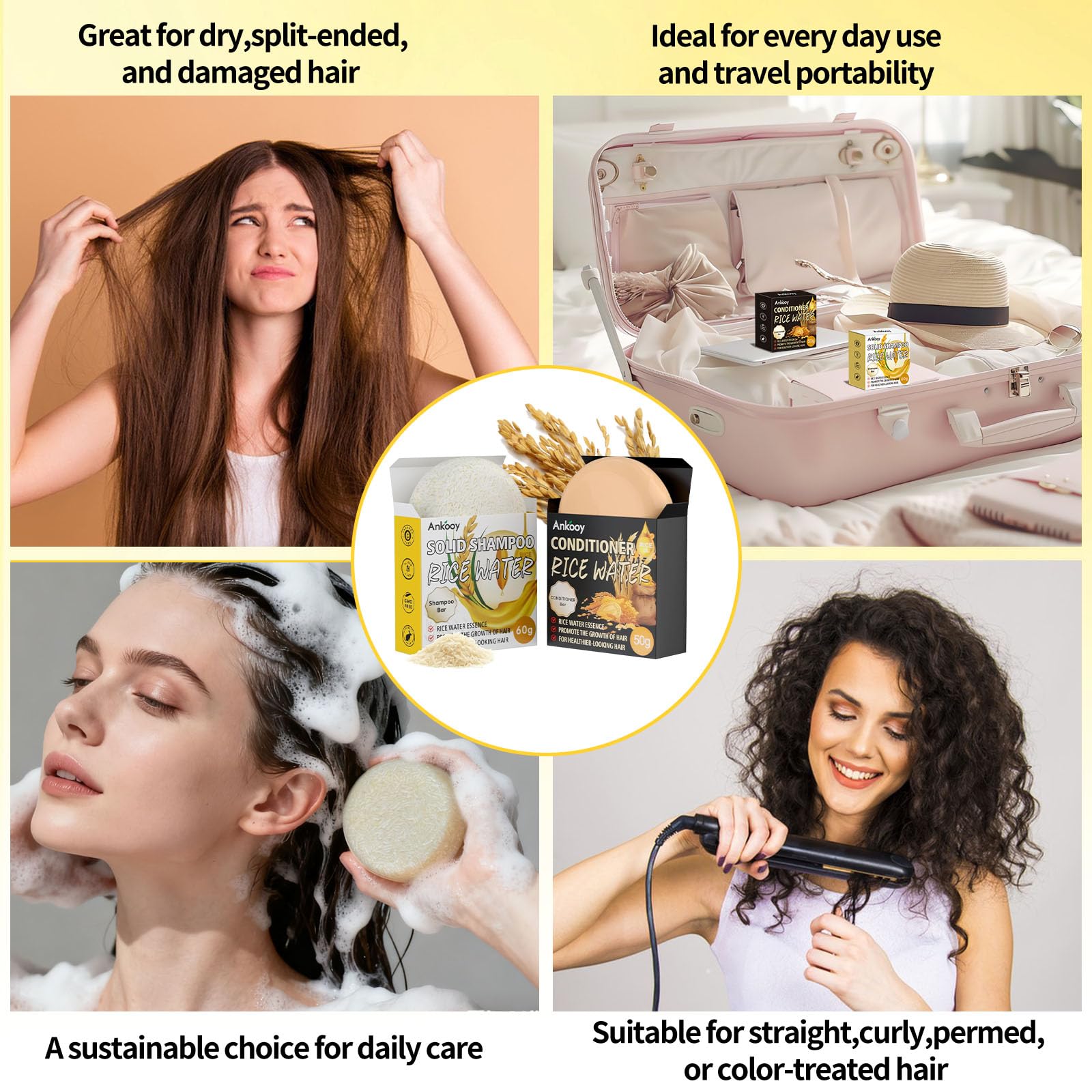 ANKOOOY 2 Pack Rice Water Shampoo & Conditioner Set – Deep Cleansing, Fuller Hair, Growth Support, Sulfate & Paraben Free