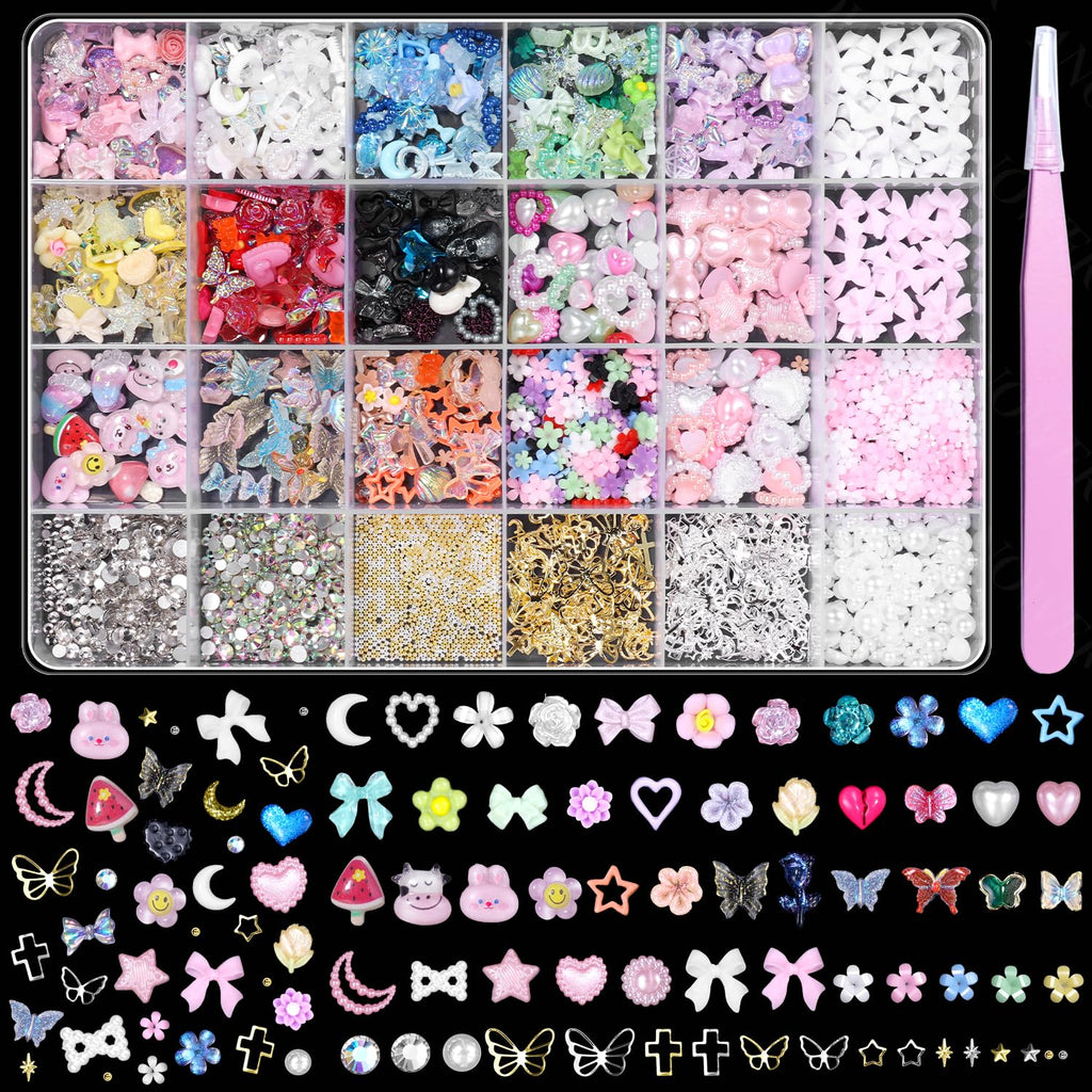 Anower 3D Nail Charms and Gems Mix - Butterfly, Flower, Bow, Heart