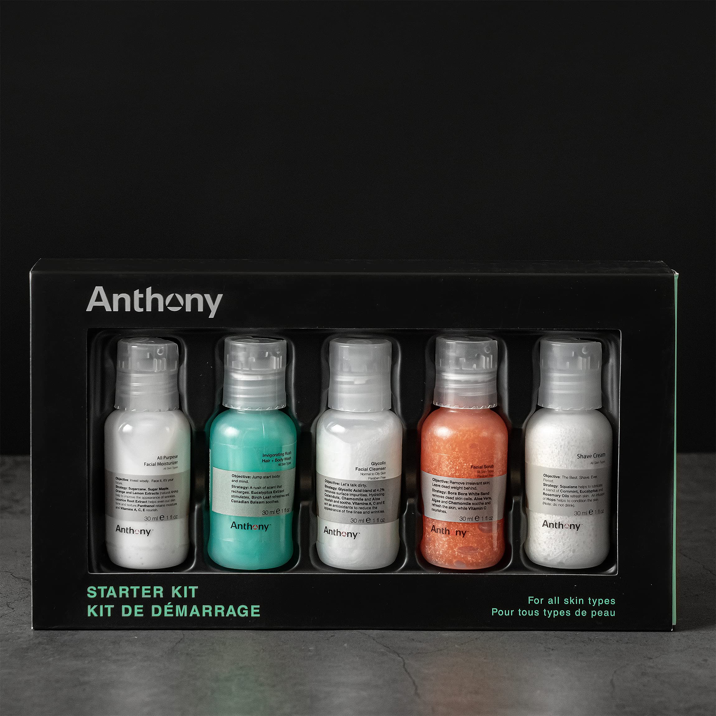 Anthony Starter Kit: Glycolic Cleanser, Facial Scrub, Moisturizer, Hair & Body Wash, Shave Cream