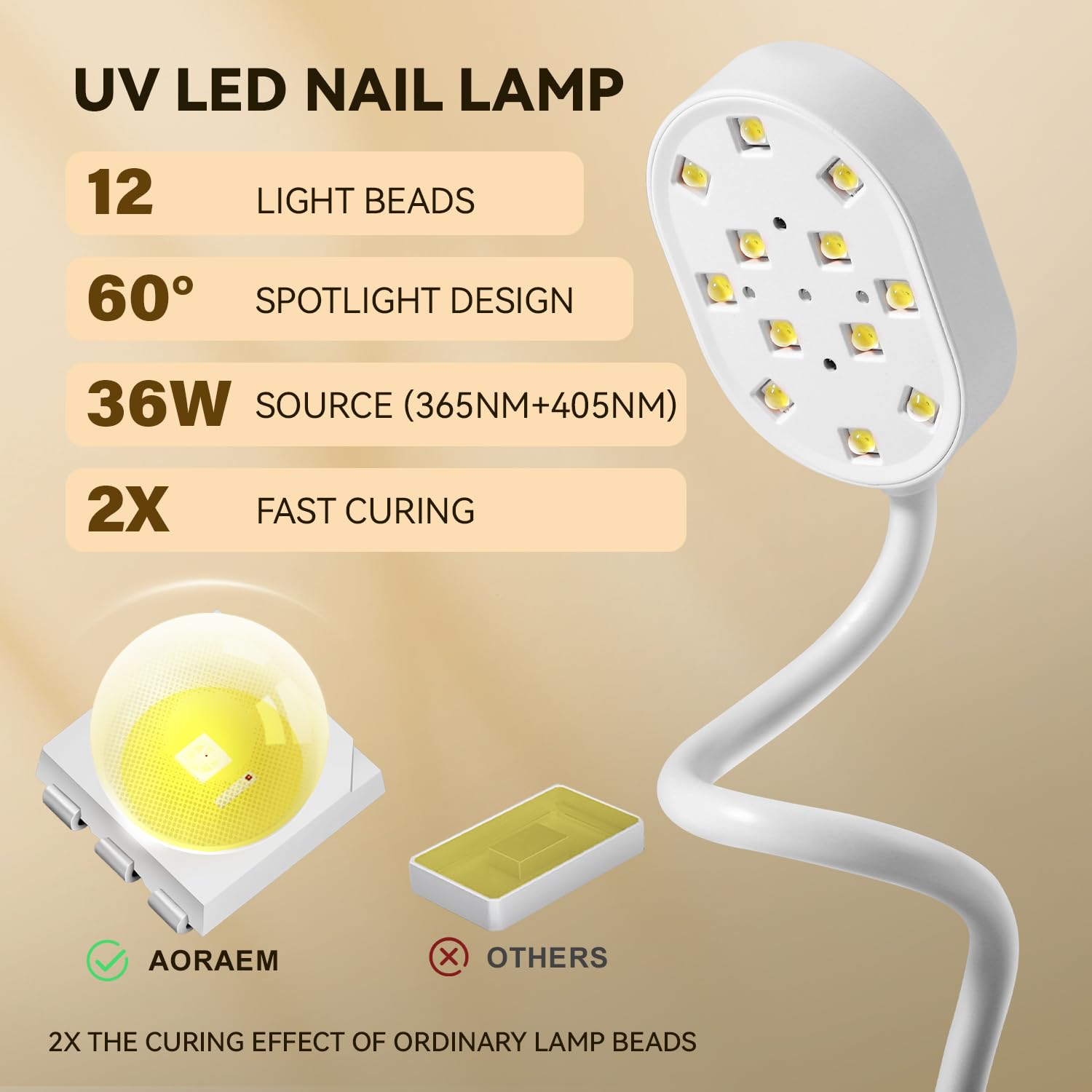 AORAEM UV Nail Lamp Gooseneck Mini 36W – Rechargeable Gel Dryer with 4 Timers