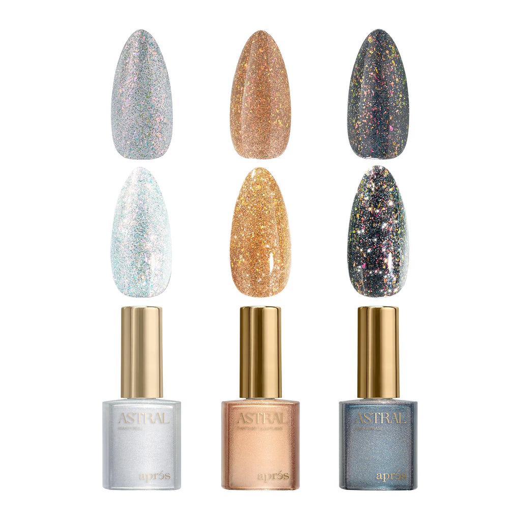 APRÉS Astral Gel Color Set – 3-Color HEMA-Free & TPO-Free Salon-Quality Nail Gel Polish Trio (Astral Flash Glitter, Set1)