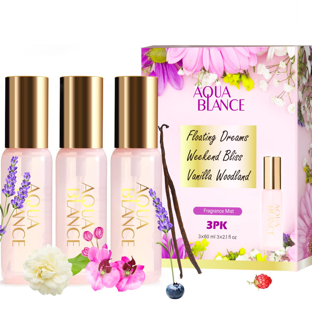 AQUA BLANCE Body Spray Set — 3 Travel-Size Scents (60ml each) Vanilla Woodland, Weekend Bliss, Floating Dreams