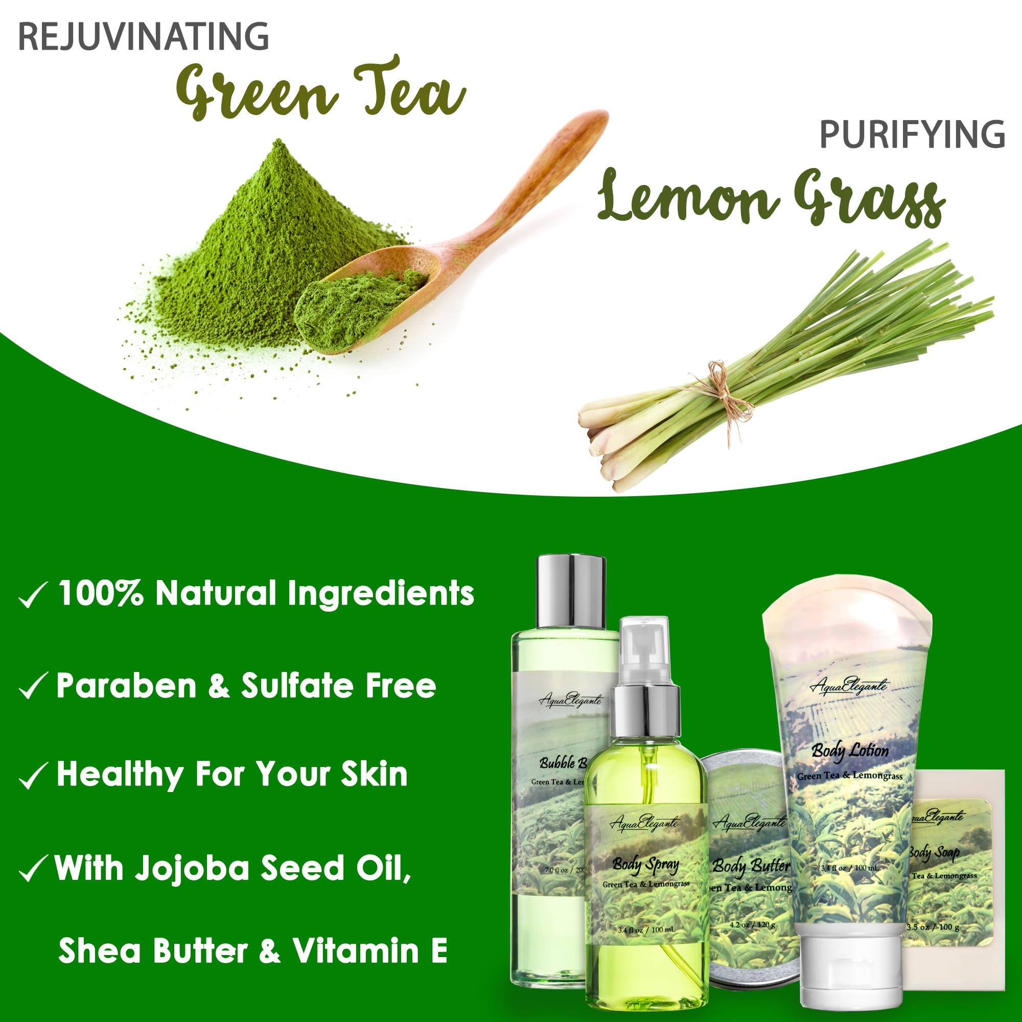 Aqua Elegante Bath Spa Gift Sets - Luxury Green Tea & Lemongrass Spa Kit