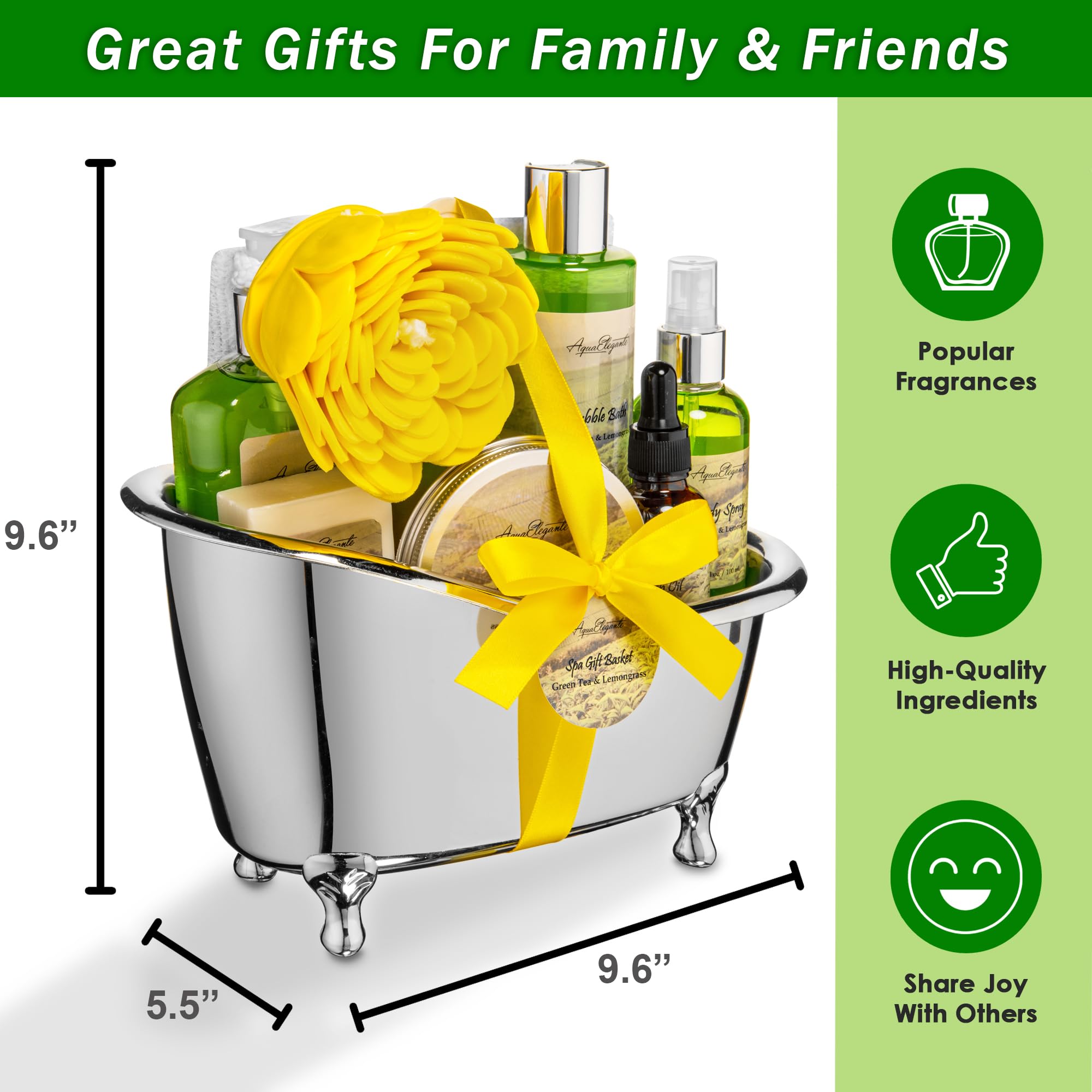 Aqua Elegante Spa Gift Baskets for Women | Luxury Green Tea & Lemongrass Bath Set