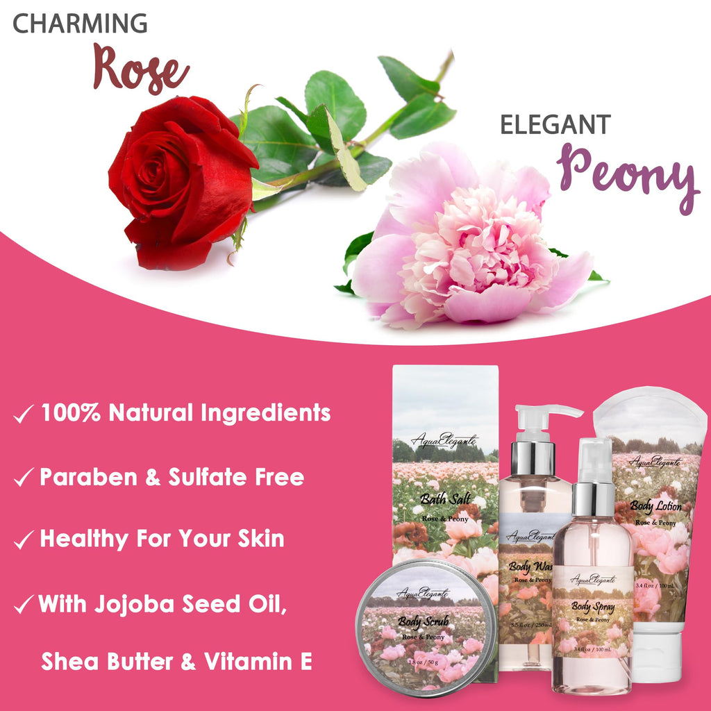 Aqua Elegante Spa Gift Baskets for Women - Luxury Rose Oil & Peony Bath Set