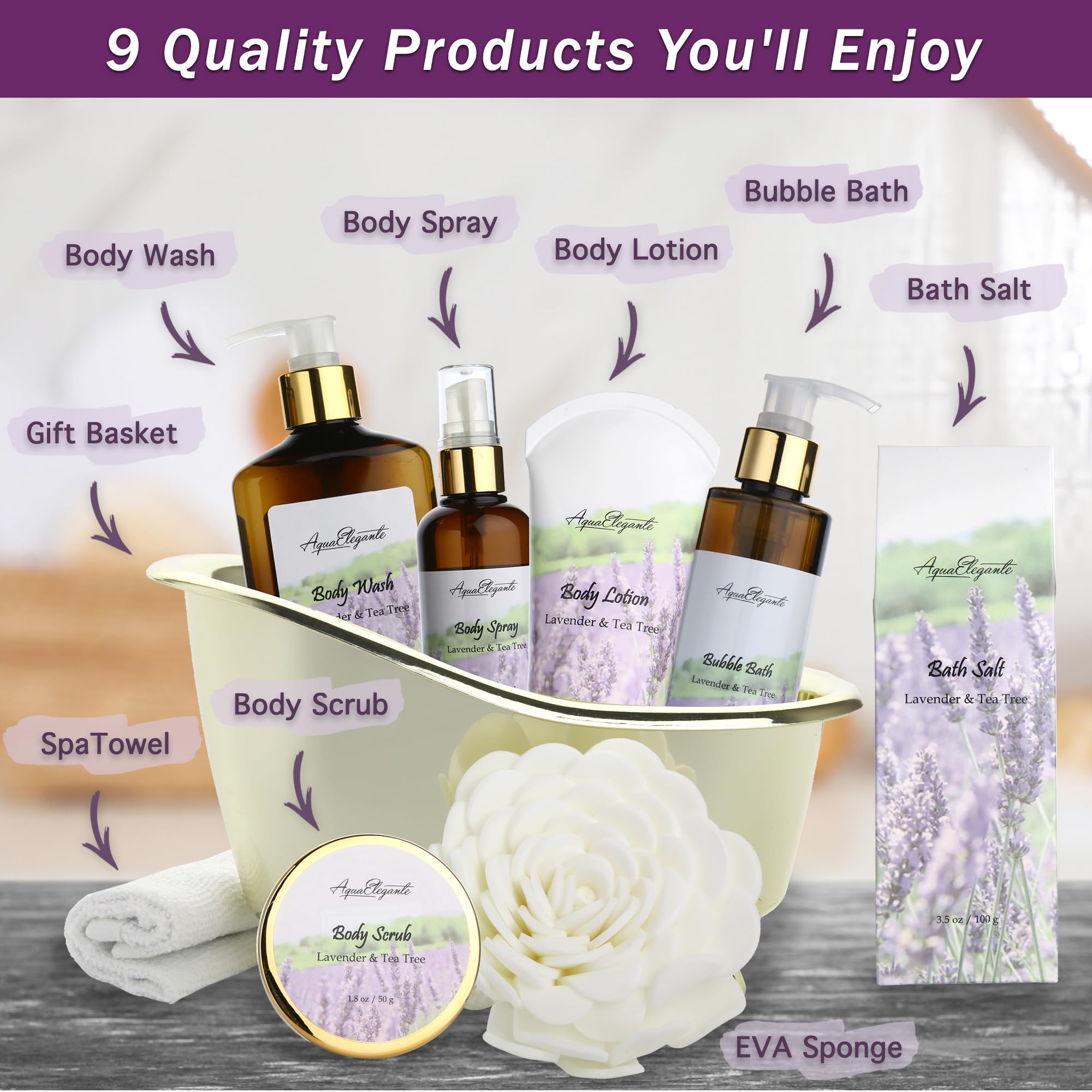 Aqua Elegante Spa Gift Baskets for Women – Lavender & Tea Tree Oil Bath Set