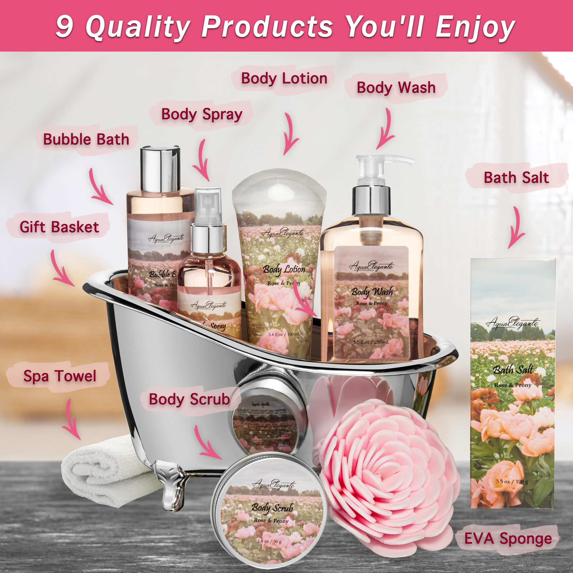Aqua Elegante Spa Gift Baskets for Women - Luxury Rose Oil & Peony Bath Set
