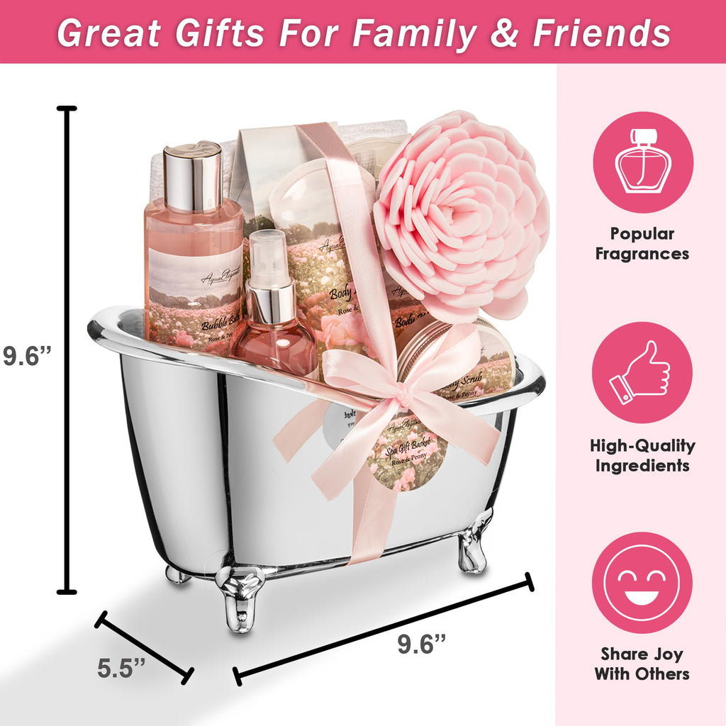 Aqua Elegante Spa Gift Baskets for Women - Luxury Rose Oil & Peony Bath Set