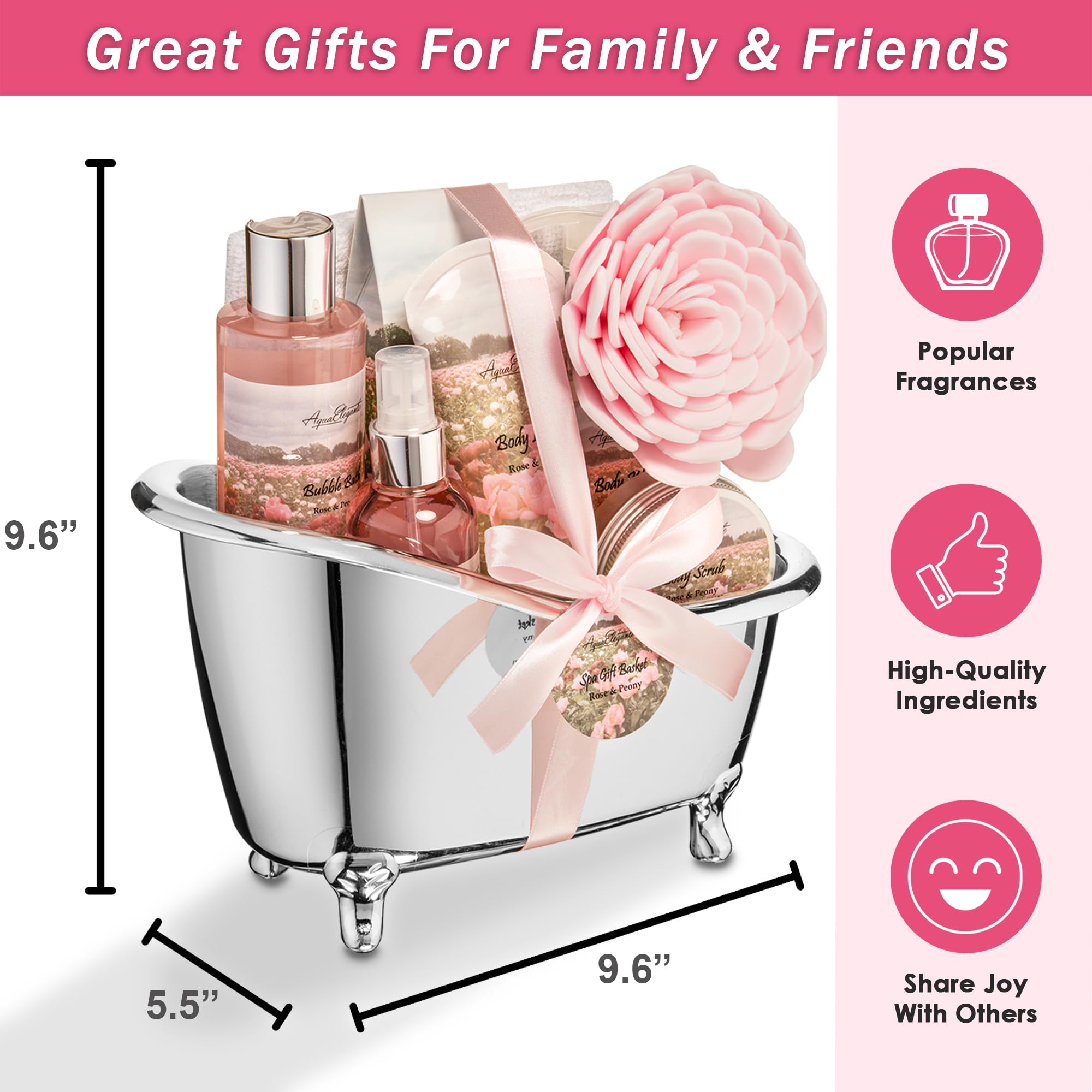 Aqua Elegante Spa Gift Baskets for Women - Luxury Rose Oil & Peony Bath Set