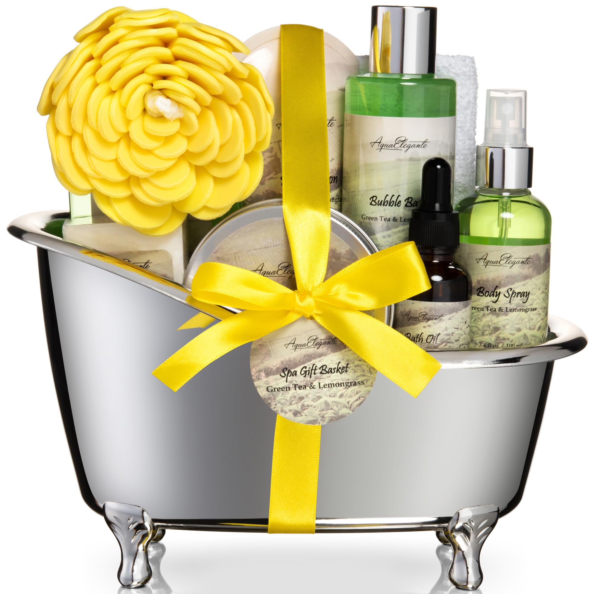 Aqua Elegante Spa Gift Baskets for Women | Luxury Green Tea & Lemongrass Bath Set