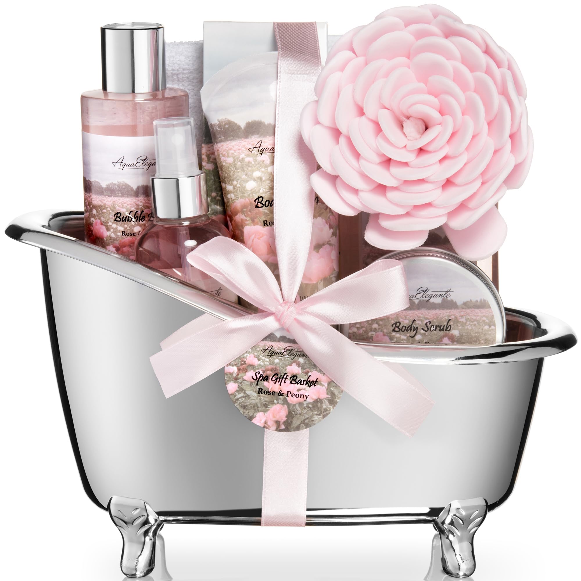 Aqua Elegante Spa Gift Baskets for Women - Luxury Rose Oil & Peony Bath Set