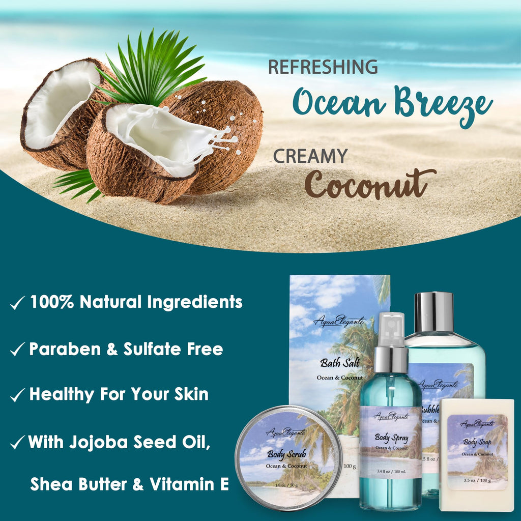 Aqua Elegante Spa Baskets for Women – Luxury Ocean & Coconut Bath Set with Wash, Bubble Bath, Lotion & More
