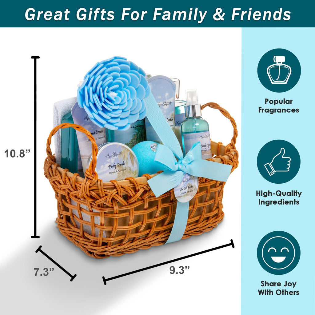 Aqua Elegante Spa Baskets for Women – Luxury Ocean & Coconut Bath Set with Wash, Bubble Bath, Lotion & More