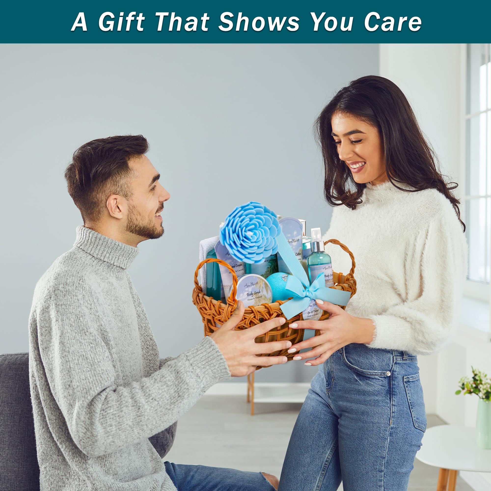 Aqua Elegante Spa Baskets for Women – Luxury Ocean & Coconut Bath Set with Wash, Bubble Bath, Lotion & More