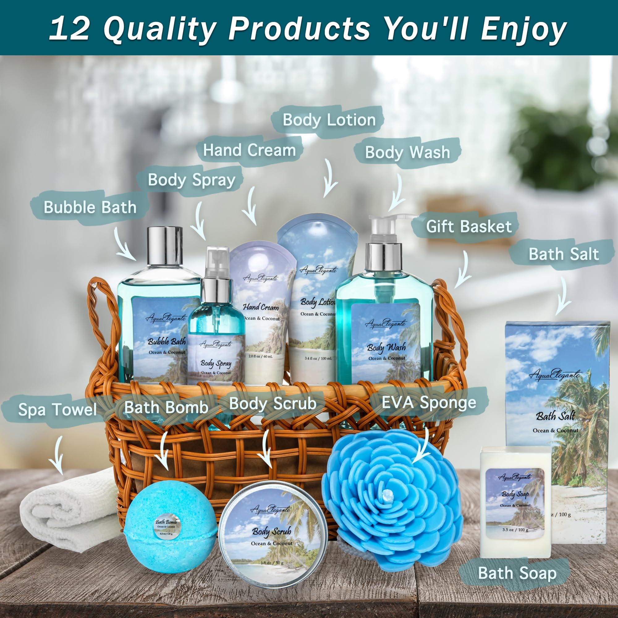 Aqua Elegante Spa Baskets for Women – Luxury Ocean & Coconut Bath Set with Wash, Bubble Bath, Lotion & More