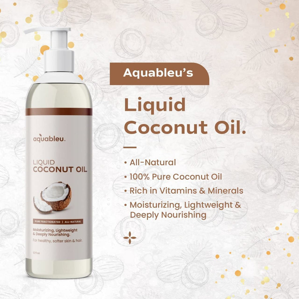 Aquableu Fractionated Liquid Coconut Oil – 100% Pure, Lightweight Hydration for Skin & Hair (12 oz)