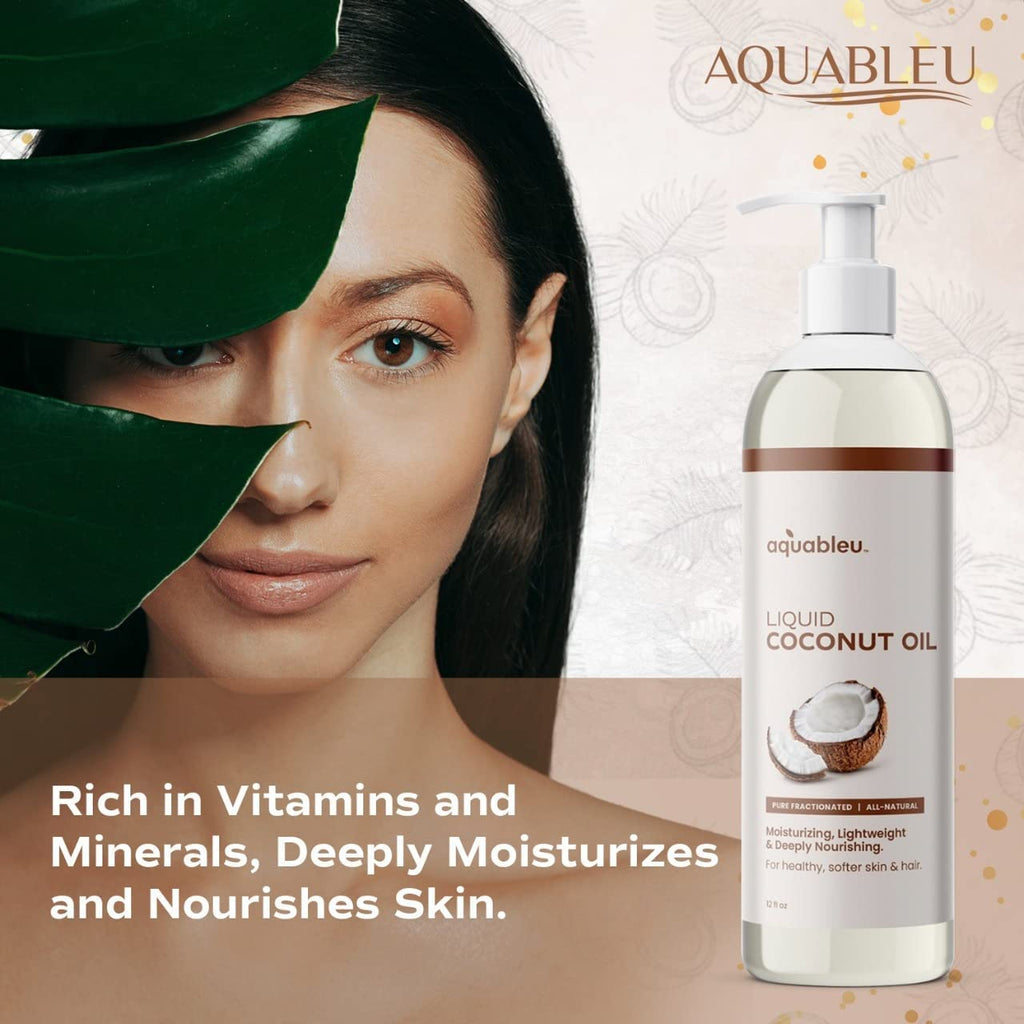 Aquableu Fractionated Liquid Coconut Oil – 100% Pure, Lightweight Hydration for Skin & Hair (12 oz)