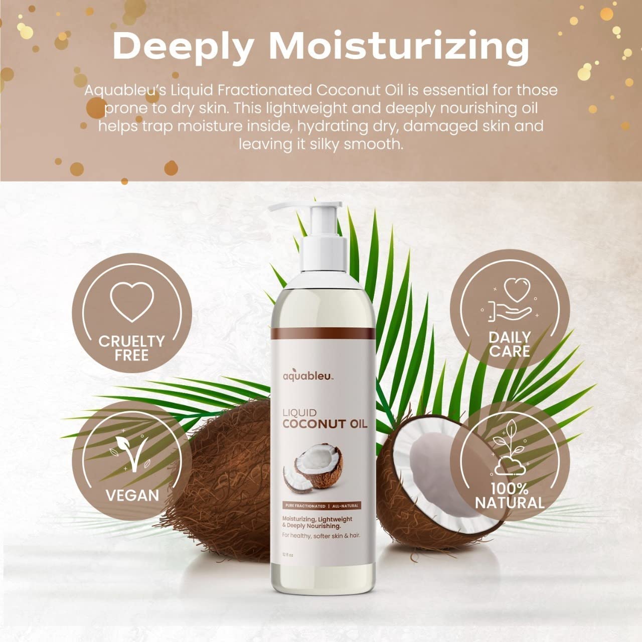 Aquableu Fractionated Liquid Coconut Oil – 100% Pure, Lightweight Hydration for Skin & Hair (12 oz)