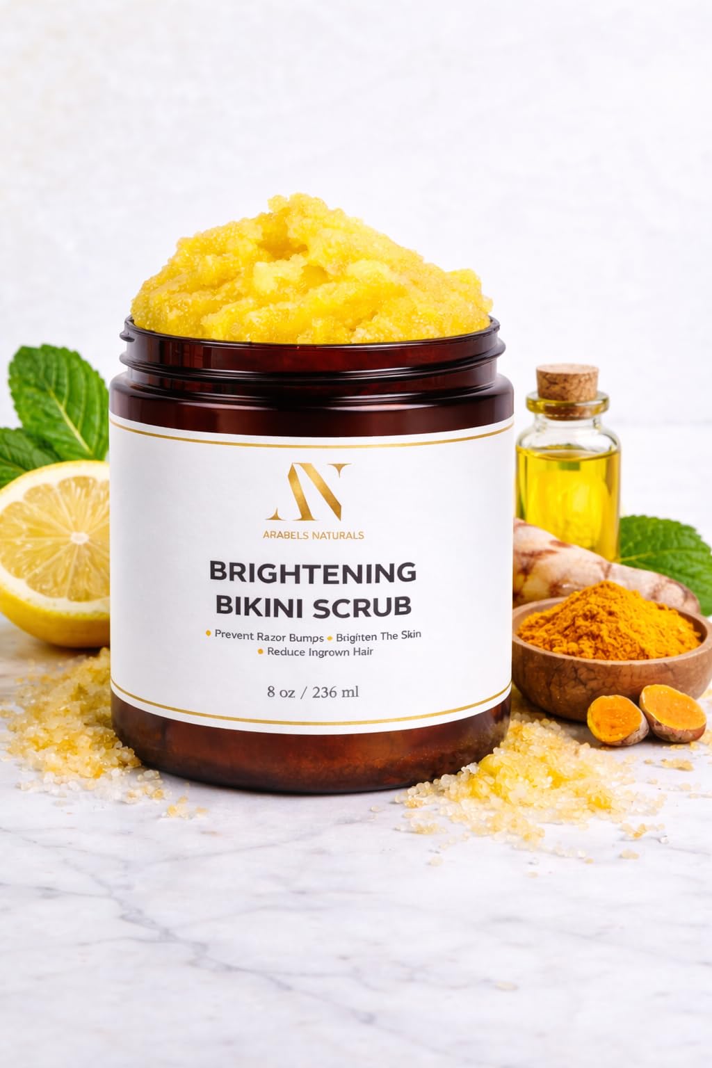 ArabelsNaturals Bikini Area Exfoliator & Brightening Body Scrub – 8 oz | Sugar Scrub with Turmeric & Shea Butter