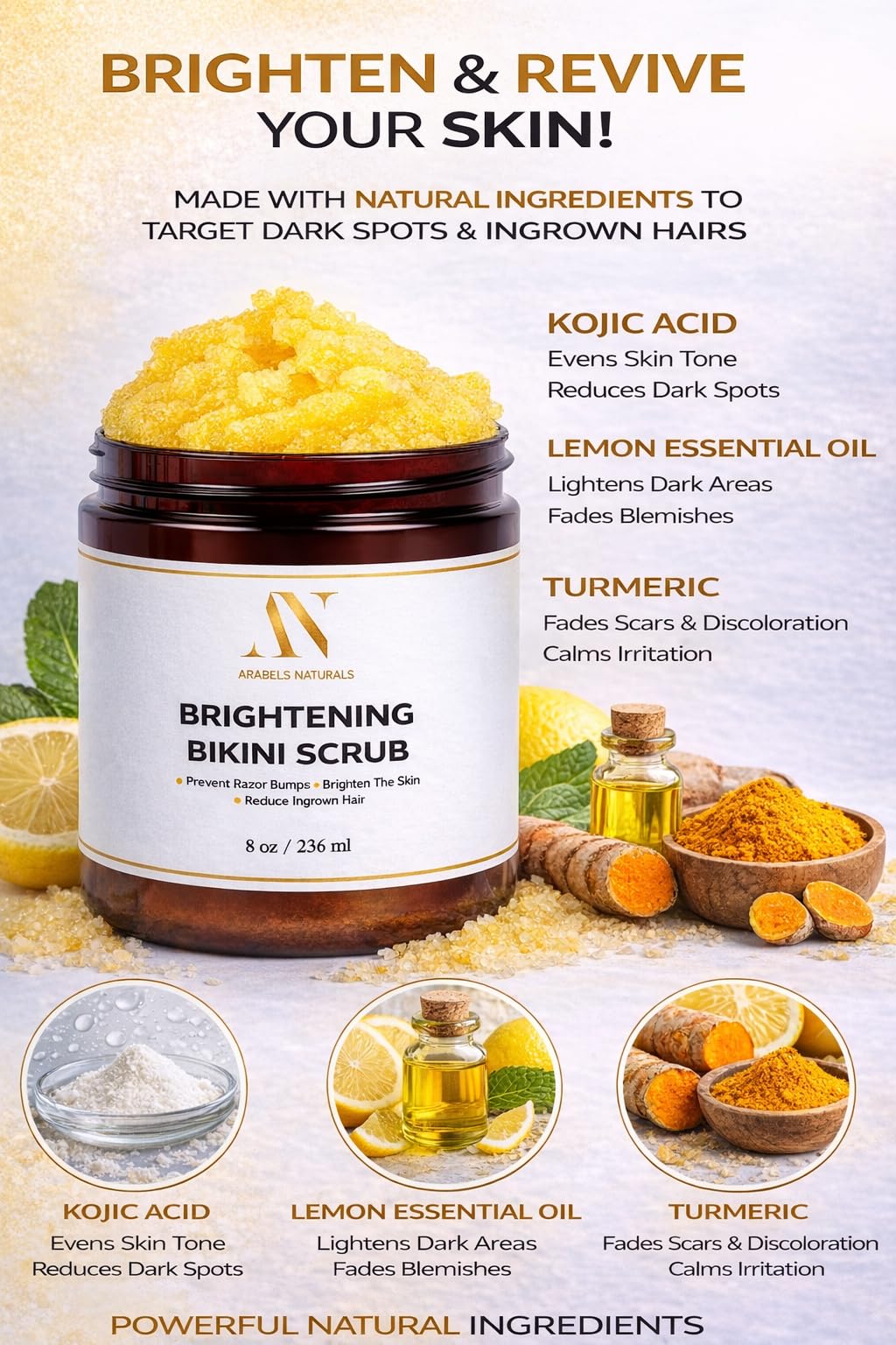 ArabelsNaturals Bikini Area Exfoliator & Brightening Body Scrub – 8 oz | Sugar Scrub with Turmeric & Shea Butter