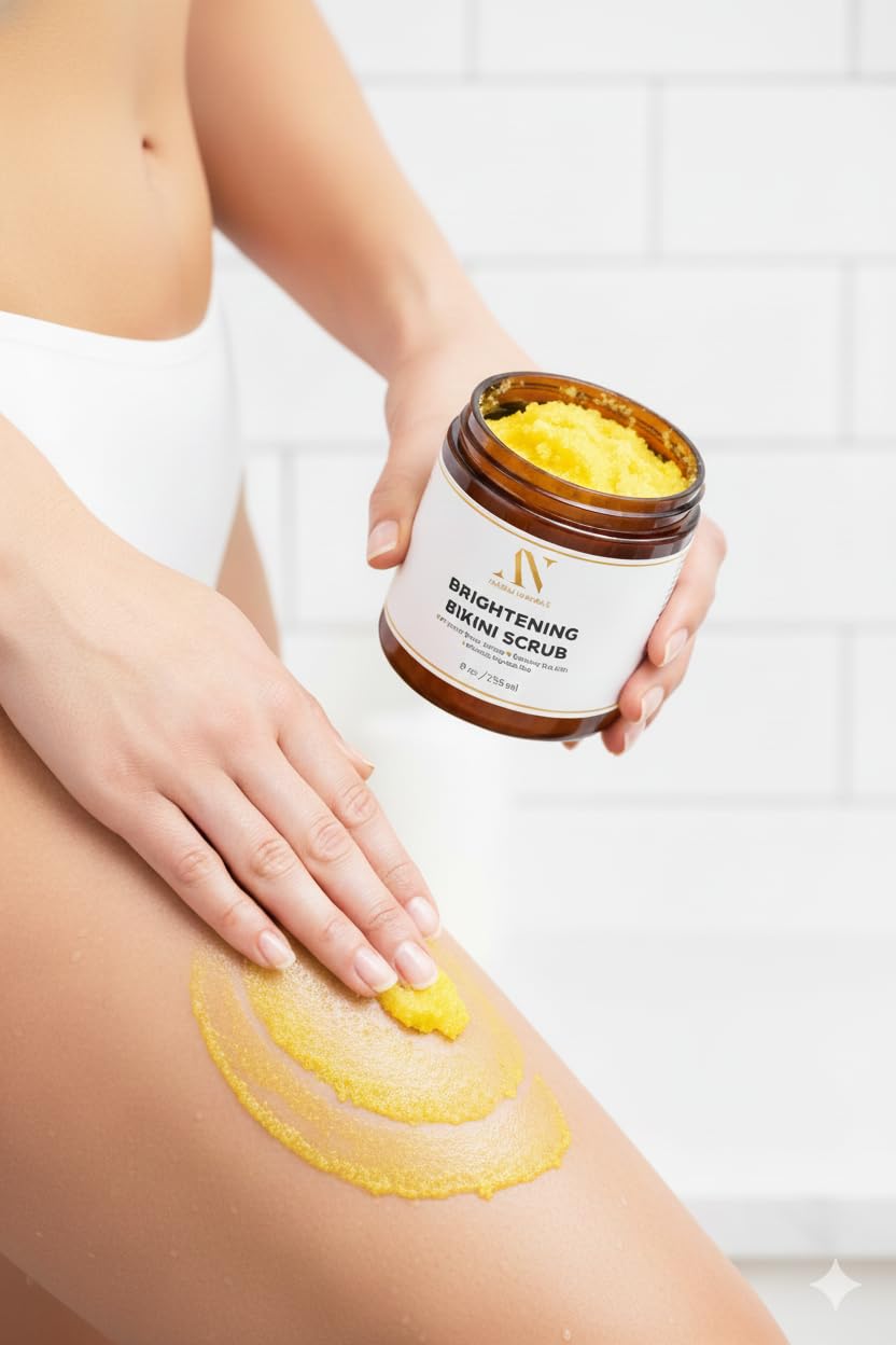 ArabelsNaturals Bikini Area Exfoliator & Brightening Body Scrub – 8 oz | Sugar Scrub with Turmeric & Shea Butter