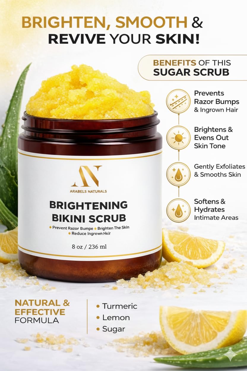 ArabelsNaturals Bikini Area Exfoliator & Brightening Body Scrub – 8 oz | Sugar Scrub with Turmeric & Shea Butter