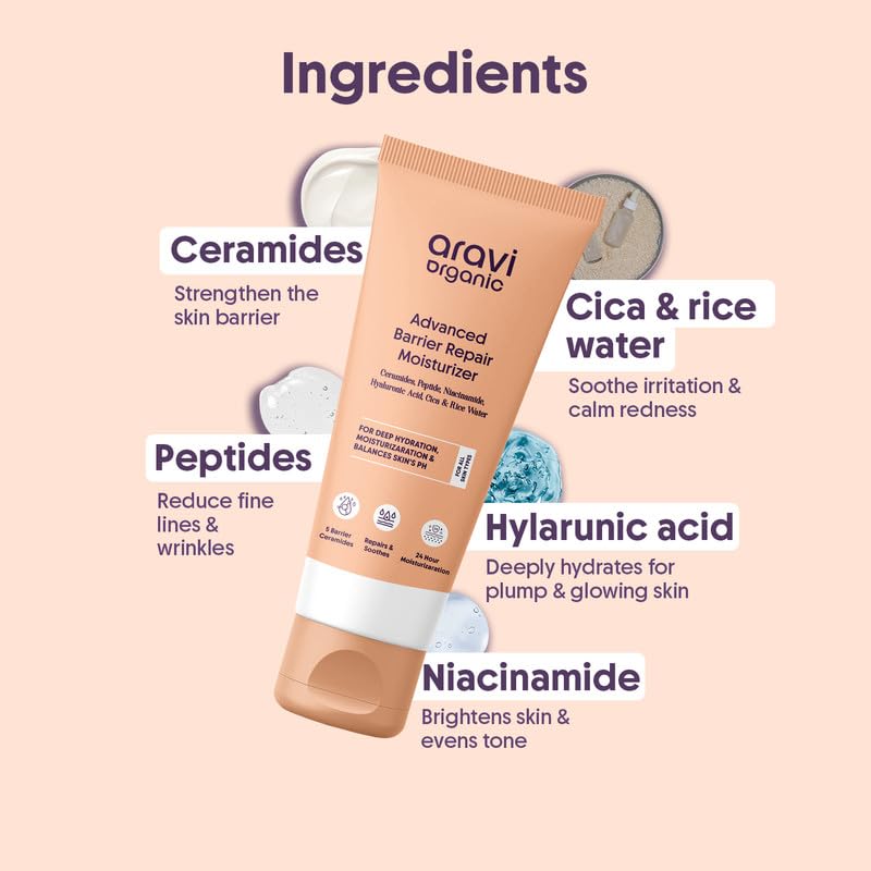 Aravi Organic Advanced Barrier Repair Moisturizer | Ceramides, Peptide, Hyaluronic Acid & Cica – Deep Hydration (3.5 oz / 100 g)