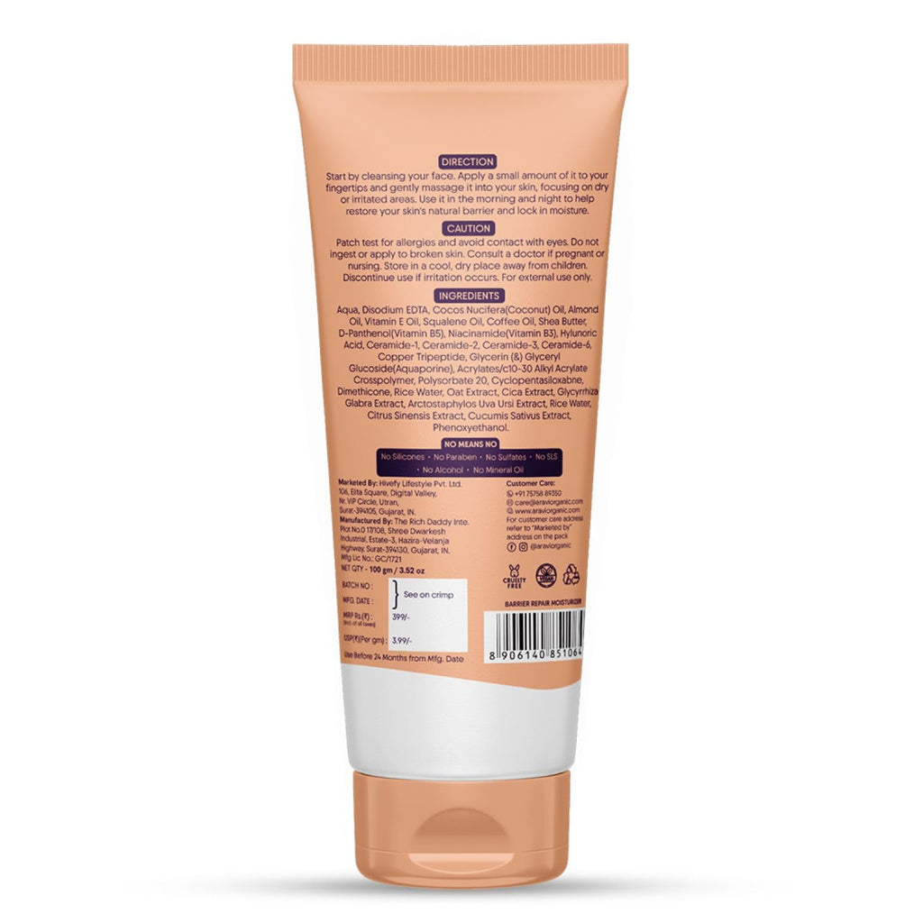 Aravi Organic Advanced Barrier Repair Moisturizer | Ceramides, Peptide, Hyaluronic Acid & Cica – Deep Hydration (3.5 oz / 100 g)
