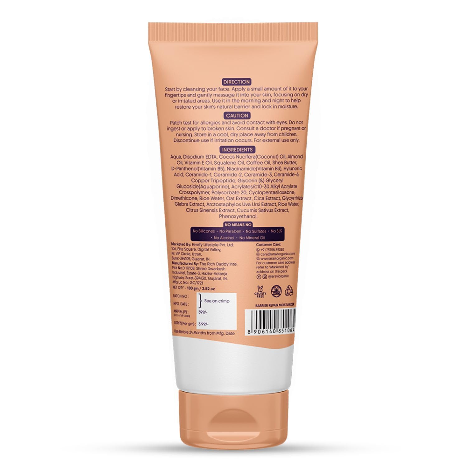 Aravi Organic Advanced Barrier Repair Moisturizer | Ceramides, Peptide, Hyaluronic Acid & Cica – Deep Hydration (3.5 oz / 100 g)