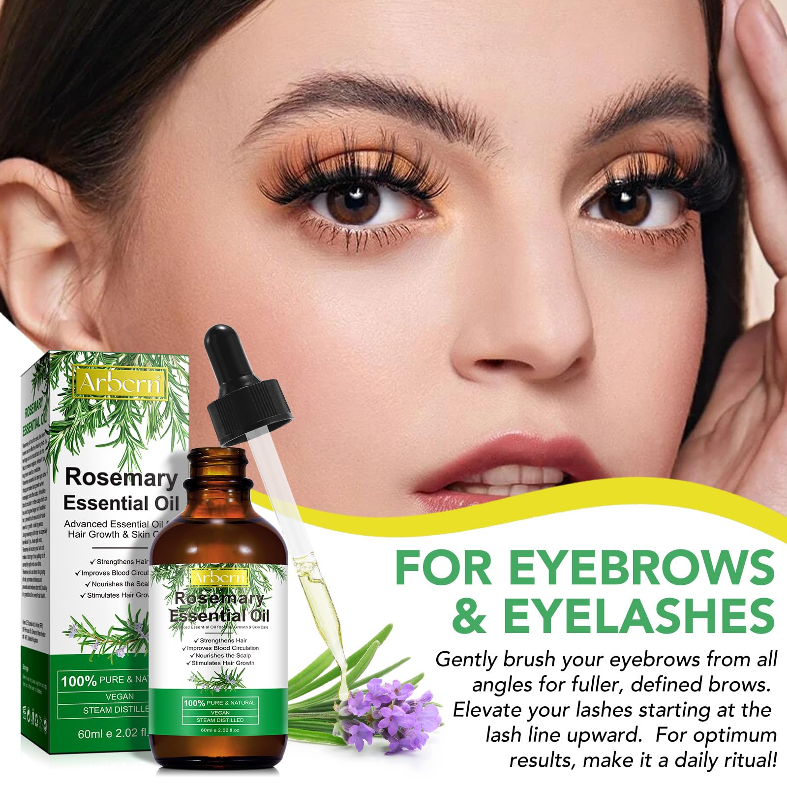 2 Pack Organic Rosemary Oil for Hair Growth | 100% Pure Rosemary Essential Oil for Eyebrow & Eyelash Nourishment | Arbcrn