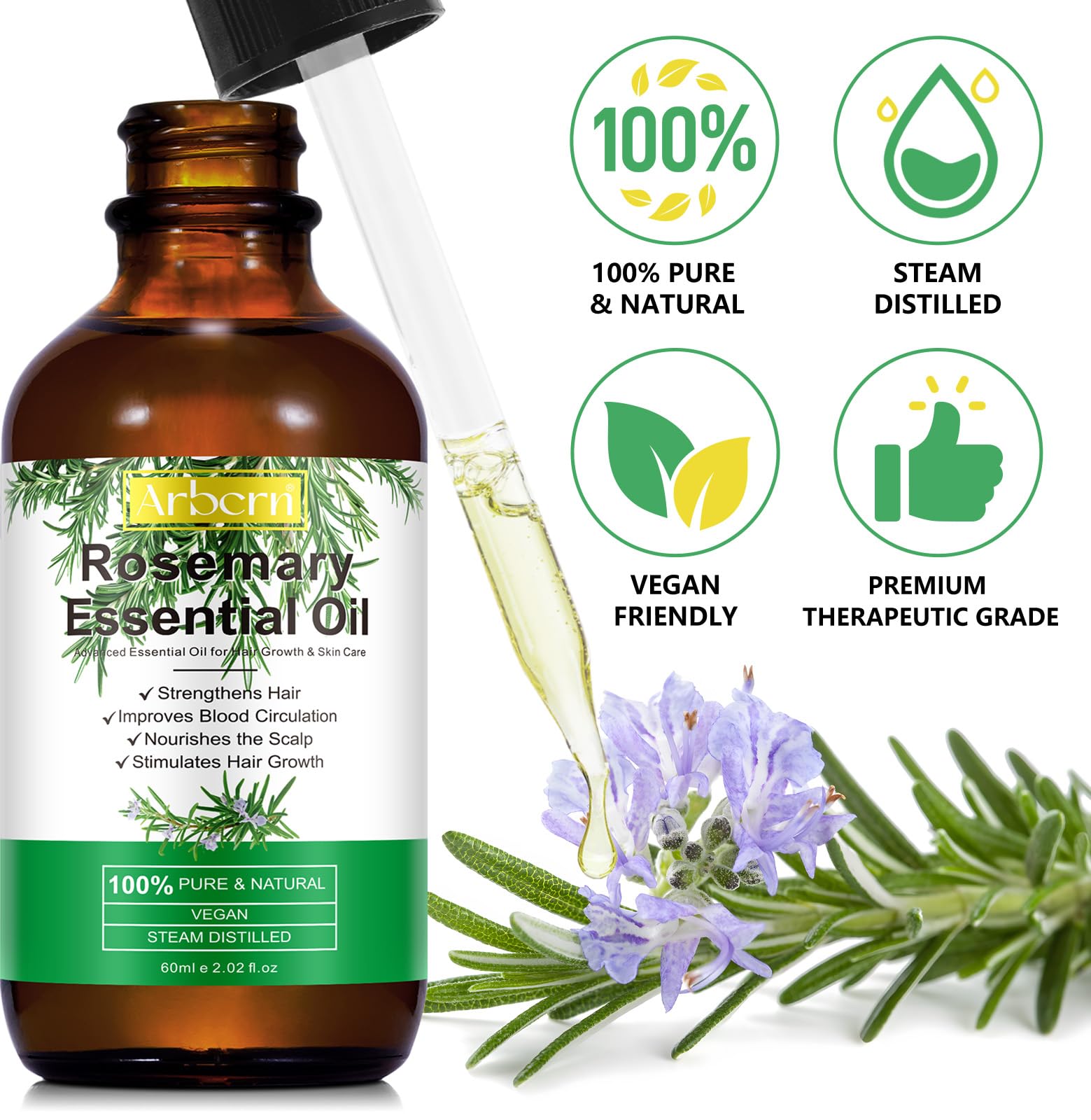 2 Pack Organic Rosemary Oil for Hair Growth | 100% Pure Rosemary Essential Oil for Eyebrow & Eyelash Nourishment | Arbcrn