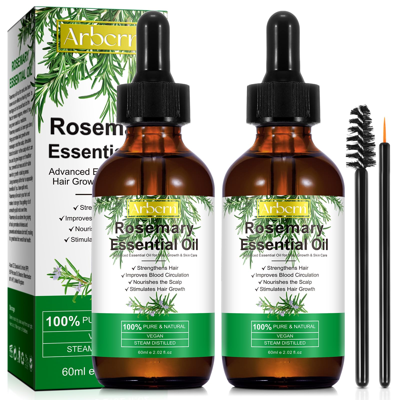 2 Pack Organic Rosemary Oil for Hair Growth | 100% Pure Rosemary Essential Oil for Eyebrow & Eyelash Nourishment | Arbcrn
