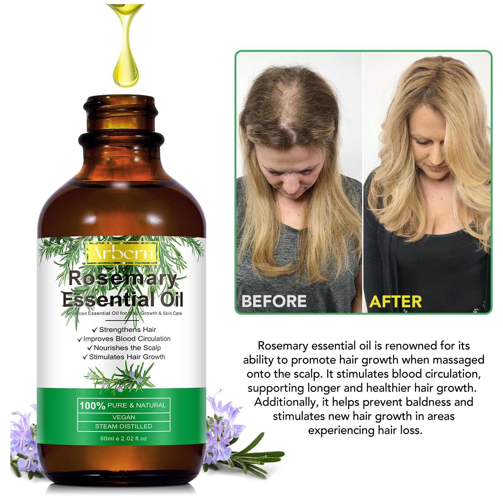 2 Pack Organic Rosemary Oil for Hair Growth | 100% Pure Rosemary Essential Oil for Eyebrow & Eyelash Nourishment | Arbcrn