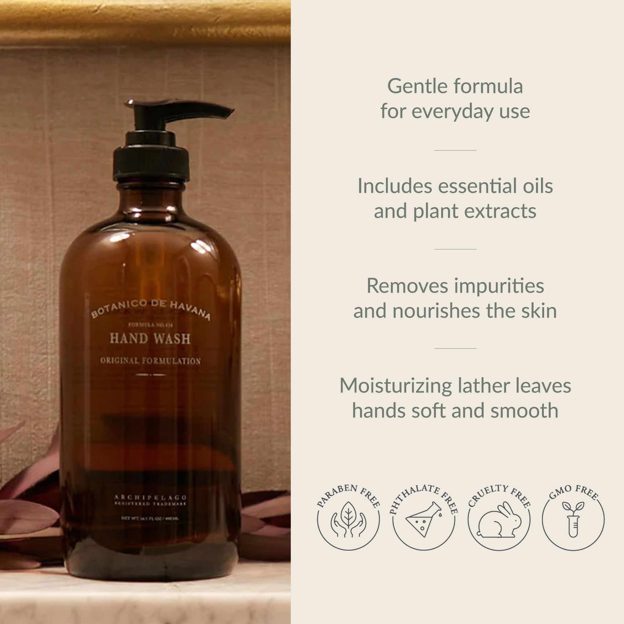 Archipelago Botanicals Botanico de Havana Liquid Hand Soap | Moisturizing Daily Hand Wash with Pump | 16.5 Fl Oz