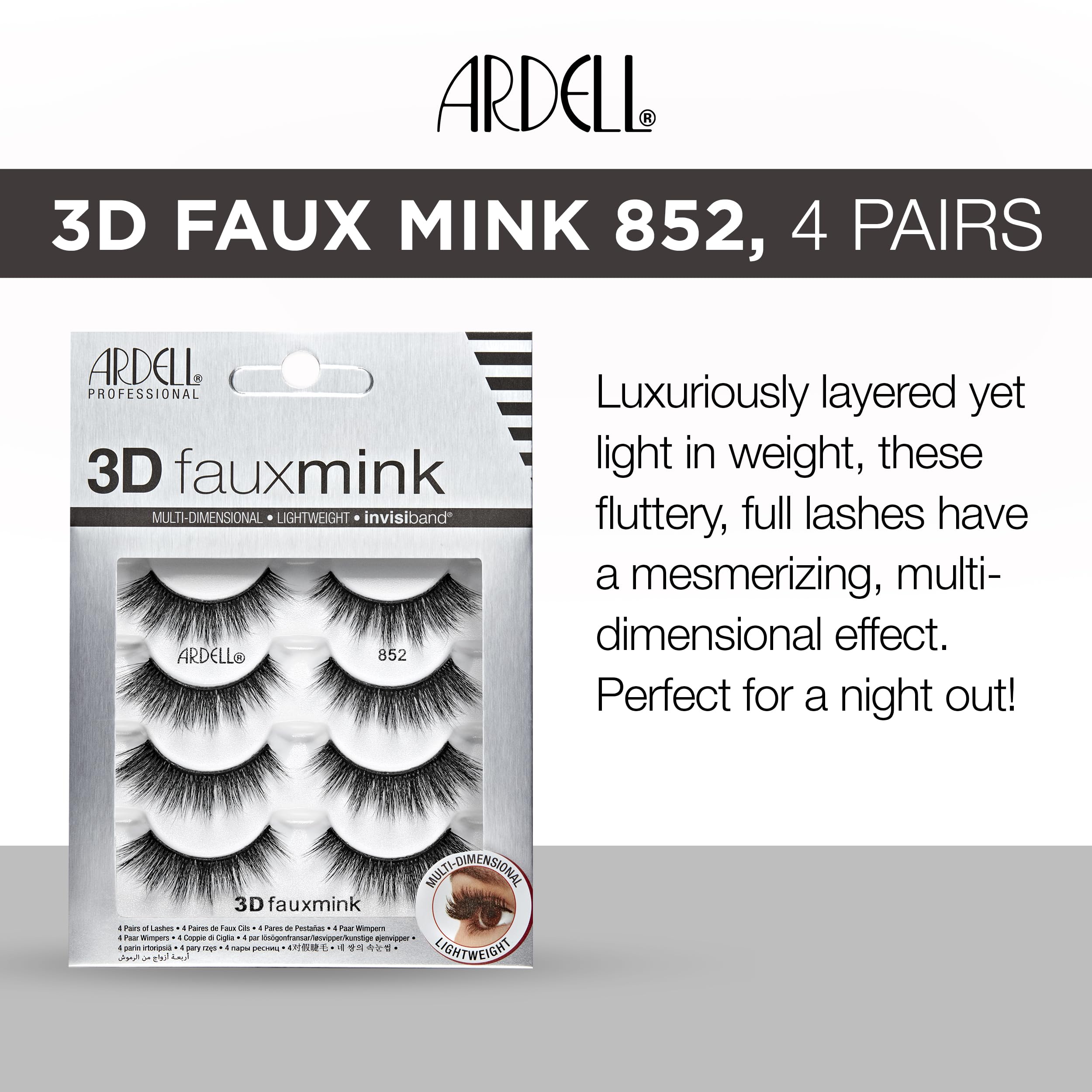 Ardell 3D Faux Mink 852 Lashes - Fluffy Volume Wispy Lashes for a Natural Glam Look | 4 Pairs