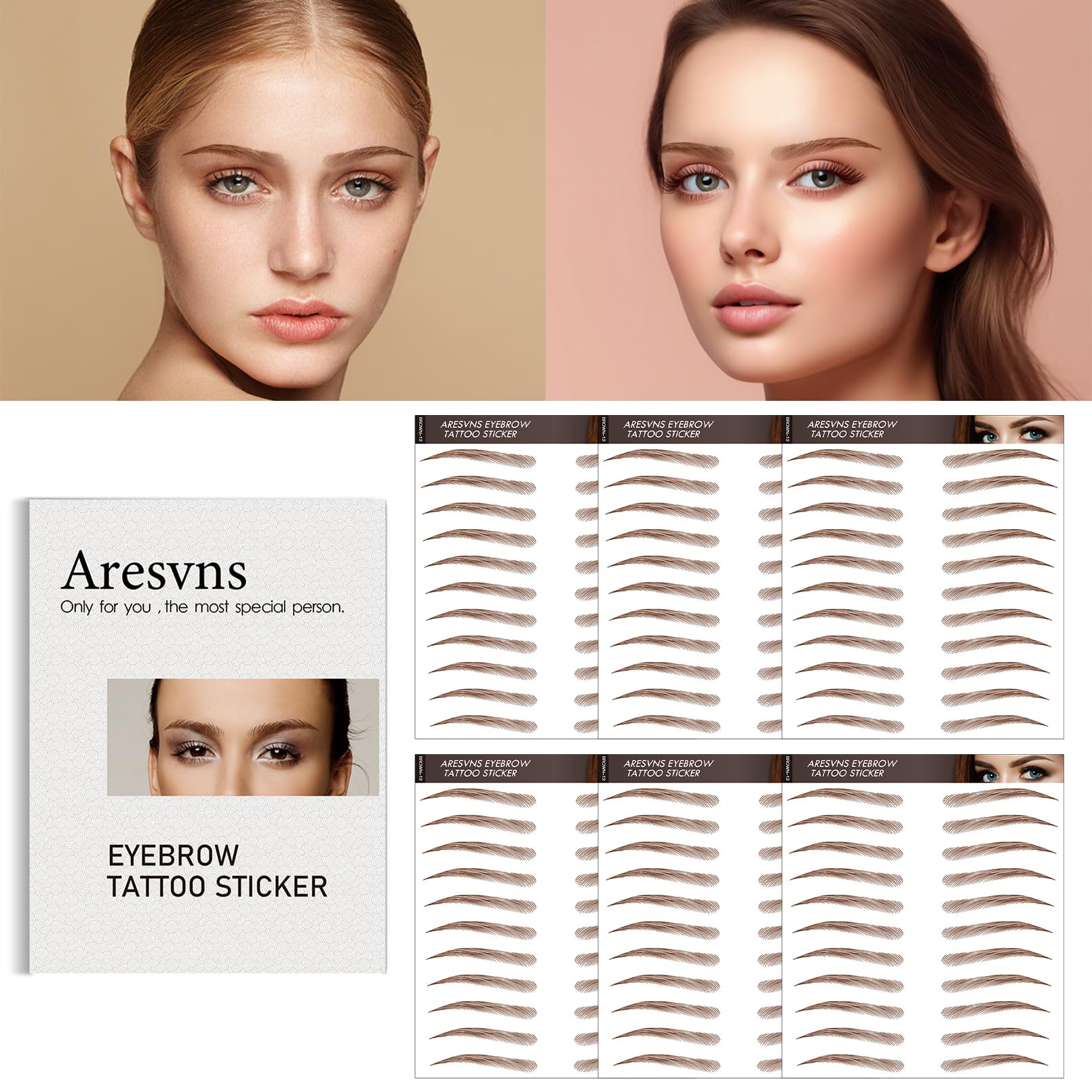 Aresvns Tattoo Eyebrow 66 Pairs — 4D Hair-Like, Waterproof, Lasts 3-5 Days