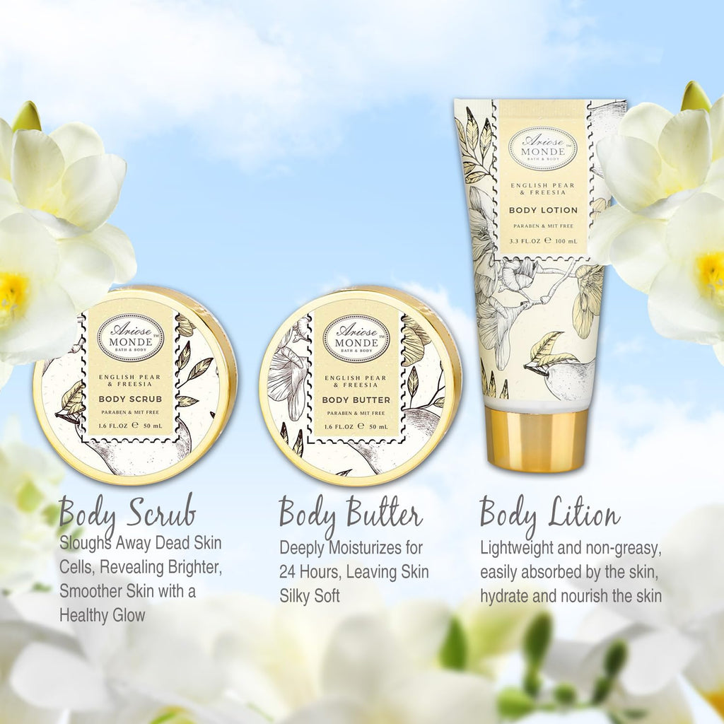 ArioseMonde Bath & Shower Spa Gift Basket – English Pear & Freesia, 9-Piece Set
