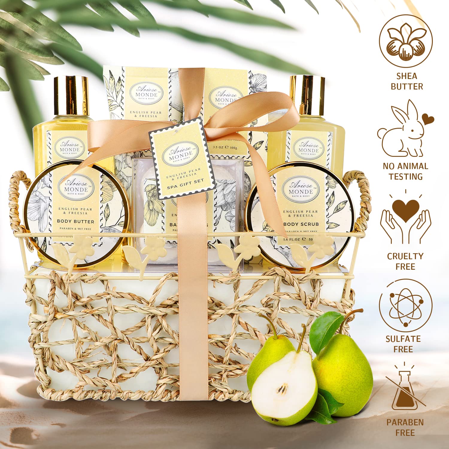 ArioseMonde Bath & Shower Spa Gift Basket – English Pear & Freesia, 9-Piece Set