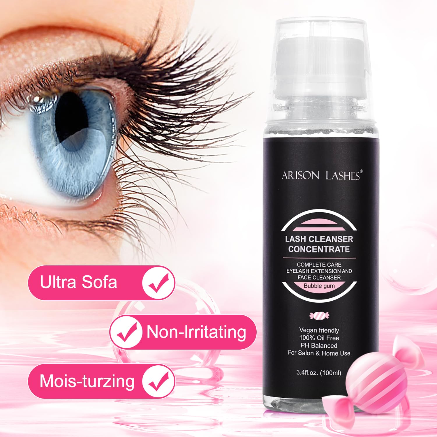 ARISON LASHES Eyelash Cleanser Concentrate 100ml – Gentle Foaming Lash Extensions Shampoo for Salon-Home Care (Bubble Gum)